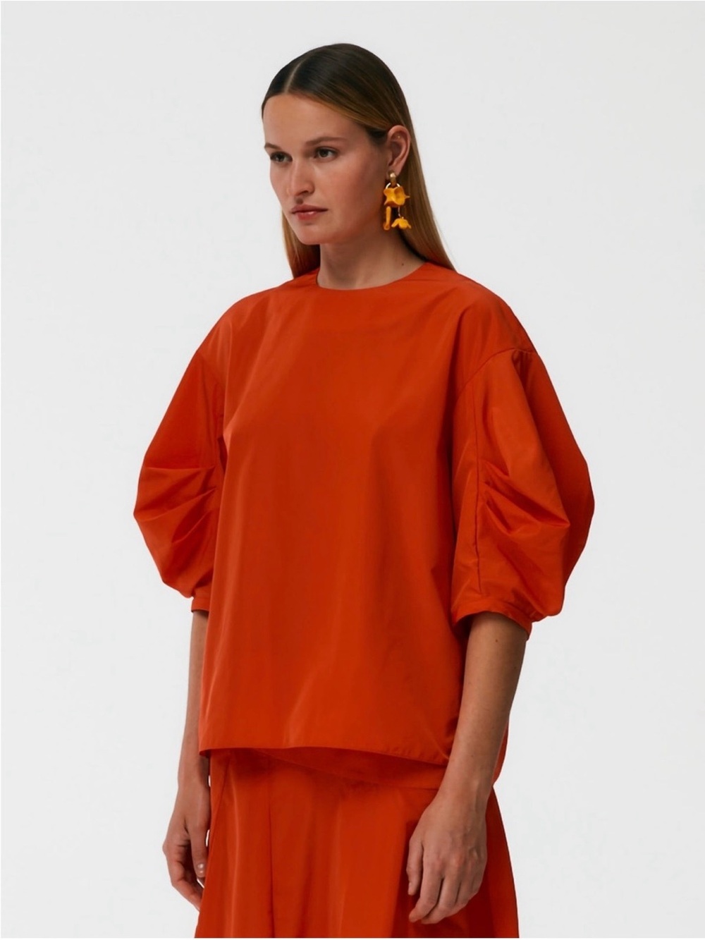 TIBI Italian Sporty Nylon Pleat Sleeve Top